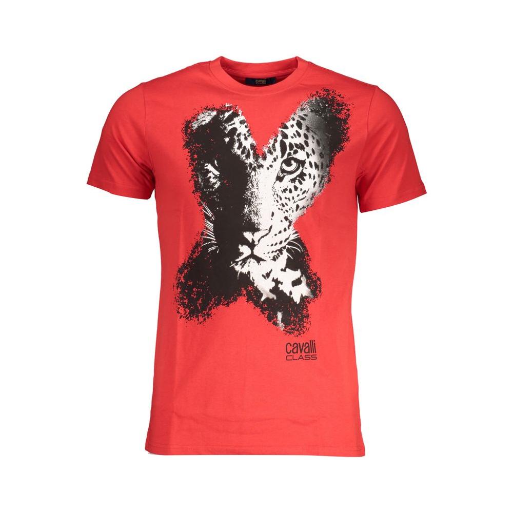 Cavalli Class red cotton t-shirt with short sleeves, crew neck, bold printed leopard design, and logo.