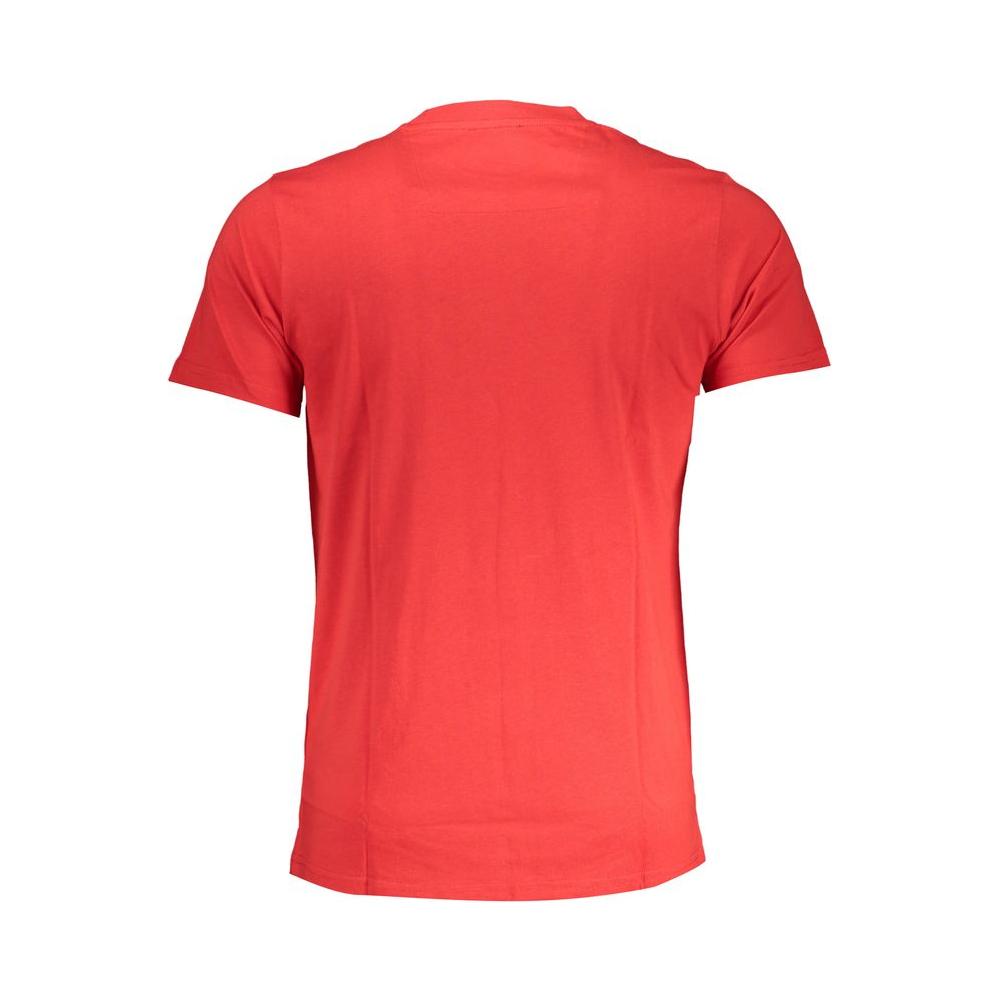 Cavalli Class red cotton T-shirt, short-sleeved, crew neck, featuring a printed logo design and soft fabric for casual wear.