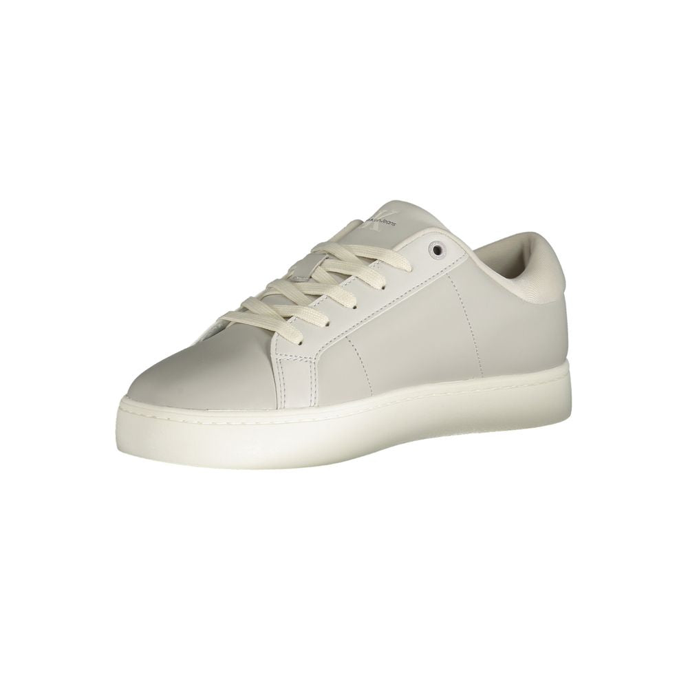 Calvin Klein gray leather men's sneaker with laces, featuring a sleek design and eco-friendly sole for stylish comfort.