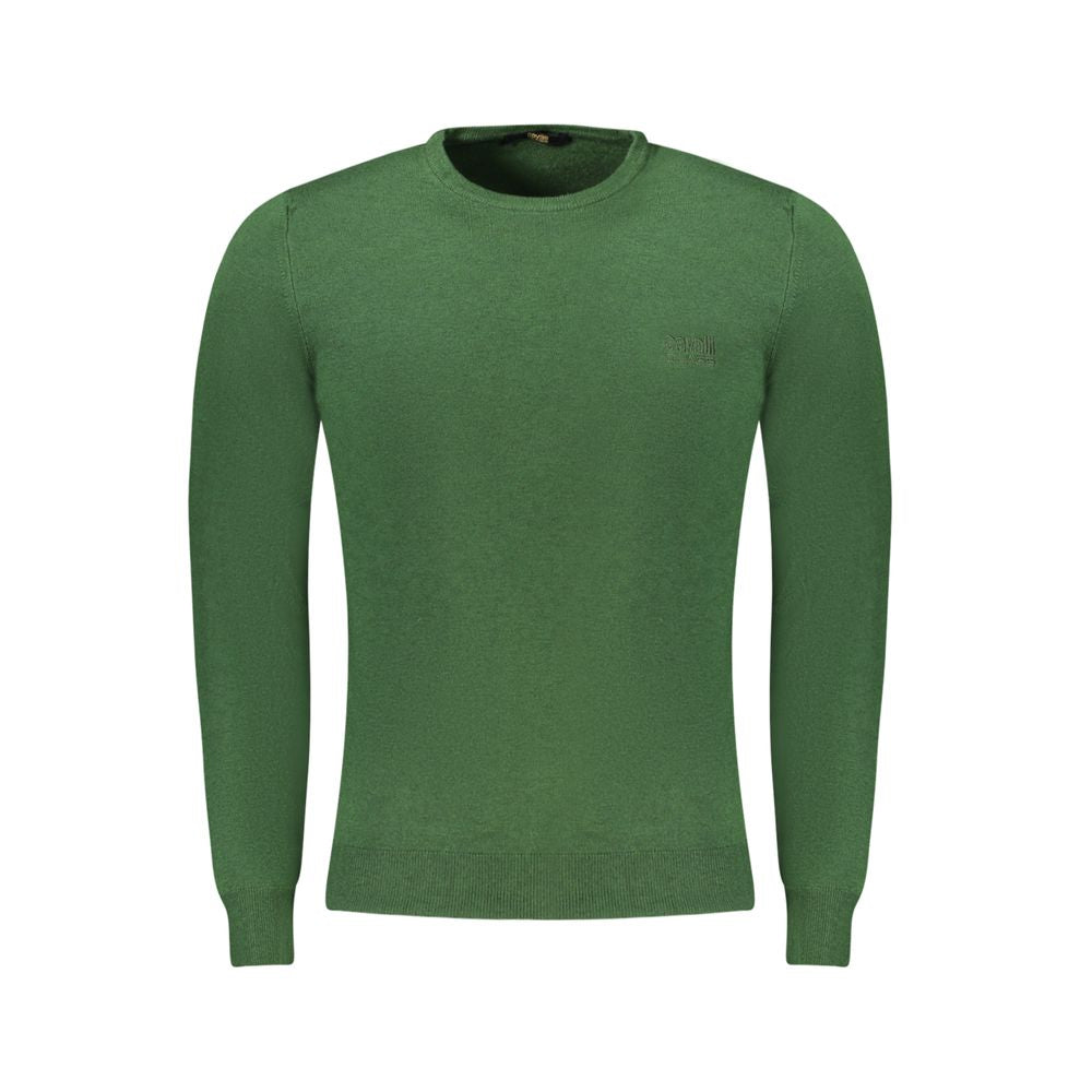 Cavalli Class green viscose men's sweater with long sleeves and exquisite embroidery, blending luxury with contemporary style.