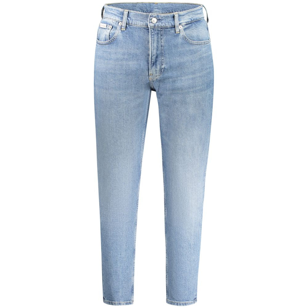 Calvin Klein blue cotton men's jeans with a vintage washed effect, 5-pocket design, and sustainable 20% recycled cotton blend.