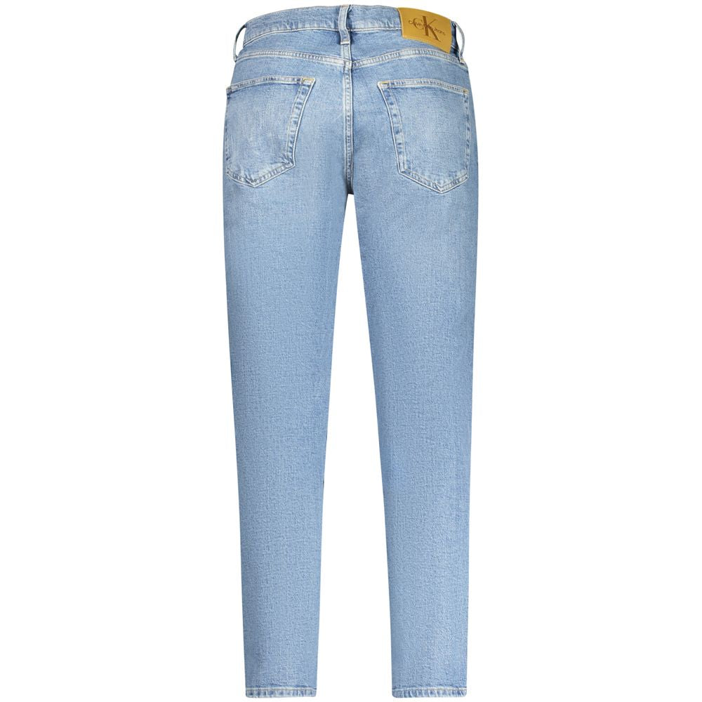 Back view of Calvin Klein blue cotton men's dad jeans with a classic washed effect and subtle logo.