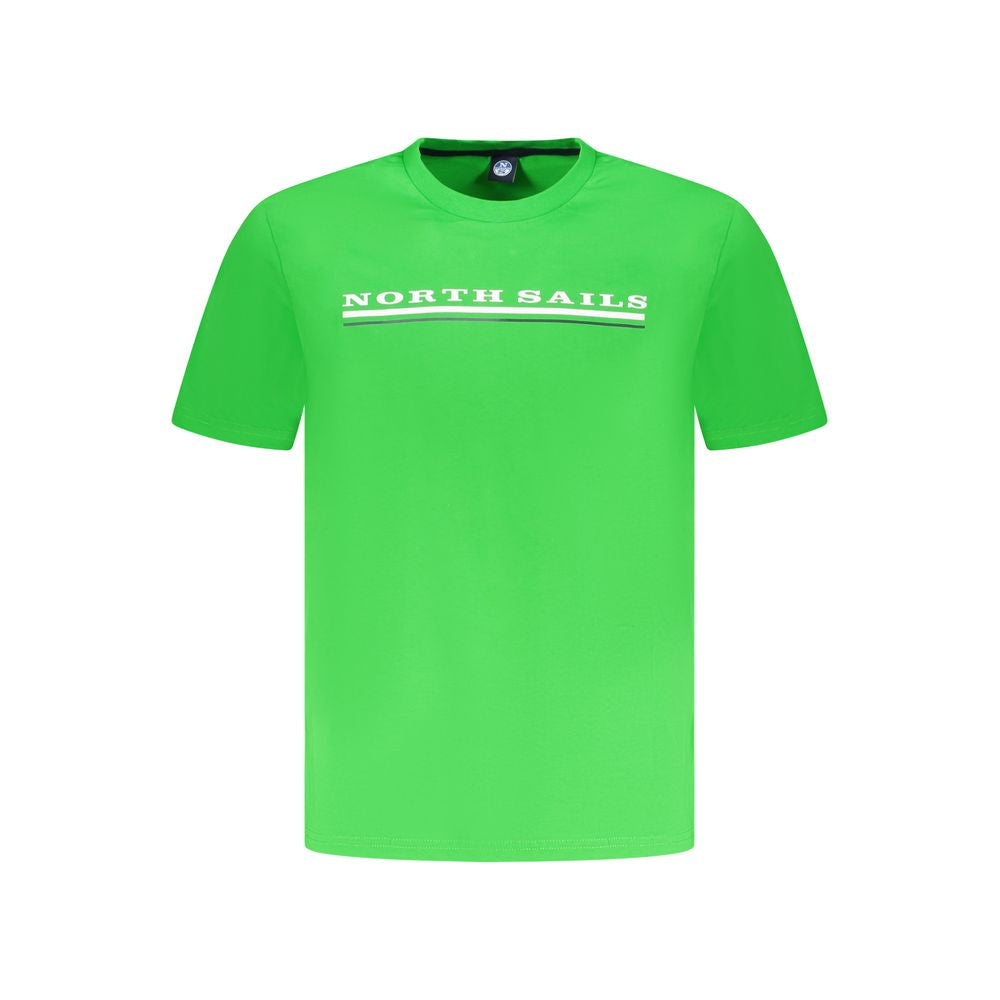 North Sails green cotton men's t-shirt with short sleeves and crew neck, featuring a bold print and logo. Casual fashion statement.