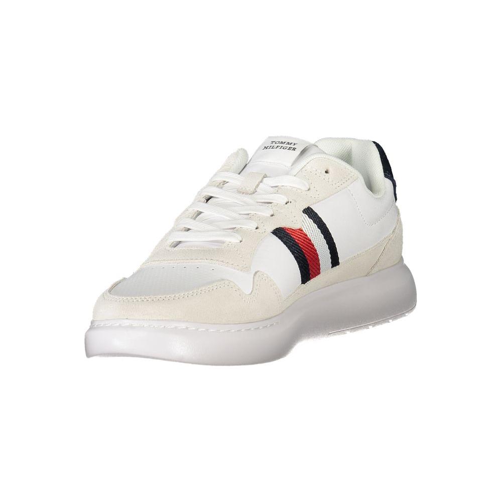 Tommy Hilfiger white leather men's sneaker with contrasting stripe detail, featuring removable footbed and embroidered logo for style and comfort.