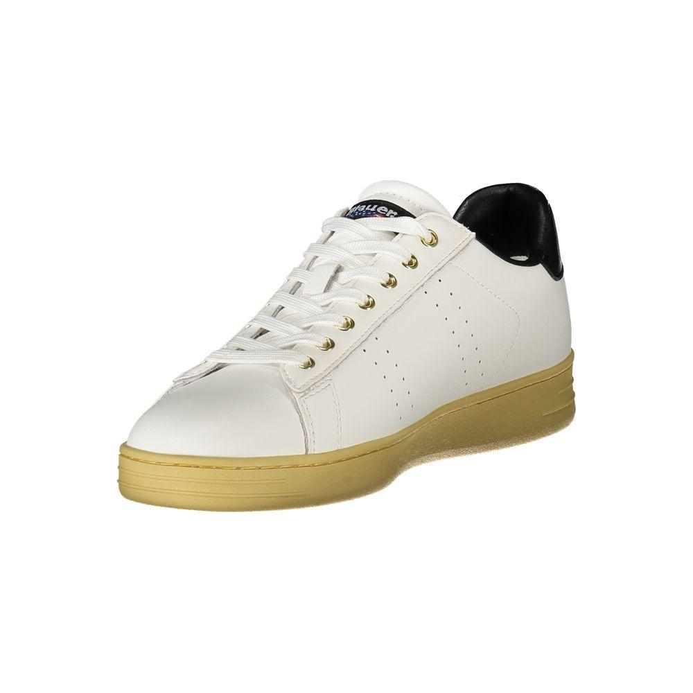 Blauer white leather men sneaker with contrasting black details and removable footbed, featuring designer logo and sophisticated style.