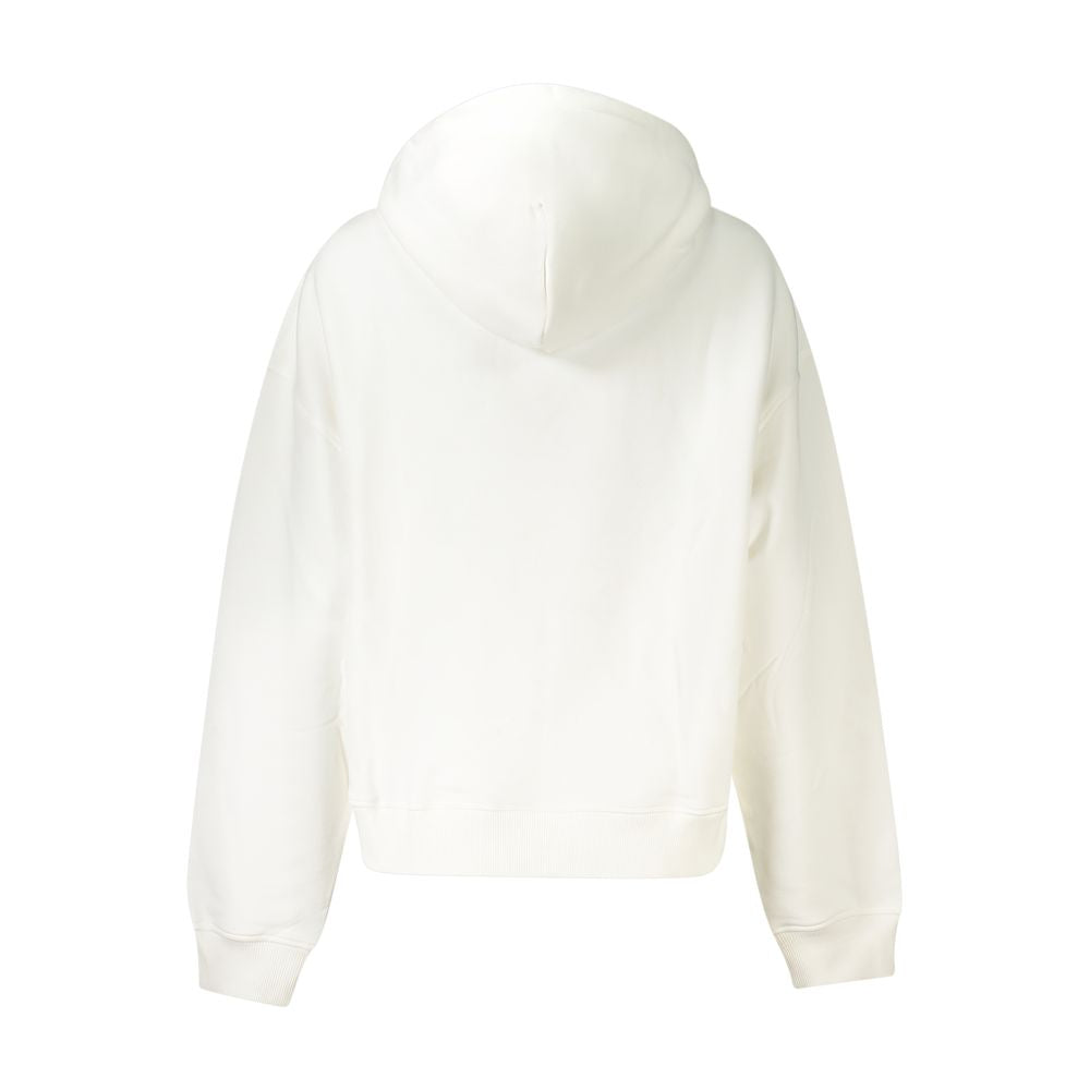 Back view of a white Tommy Hilfiger cotton hooded women's sweater showcasing simple and elegant design.