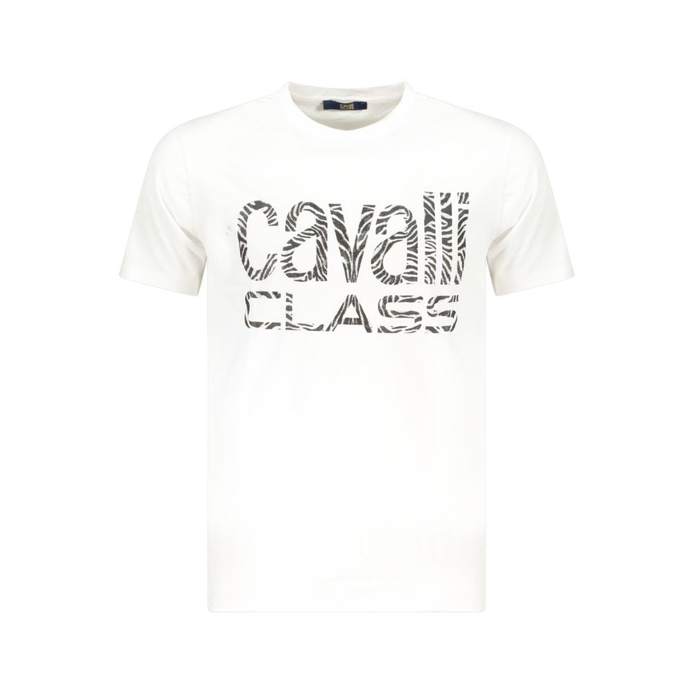 Cavalli Class white cotton men's t-shirt with logo print, short sleeves, crew neck, designed for modern sophistication and comfort.