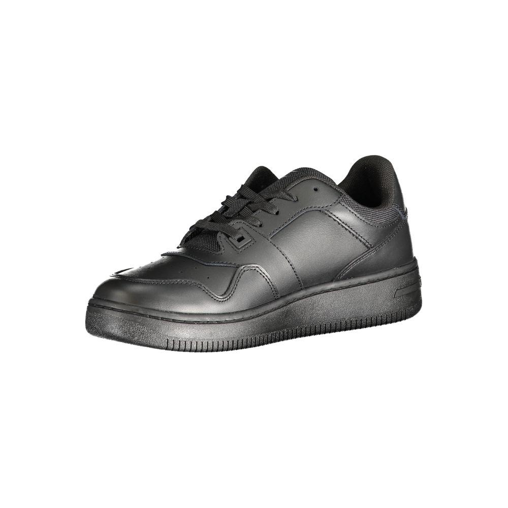 Tommy Hilfiger black polyester sneaker with laces, contrast details, and logo for sports, side view.