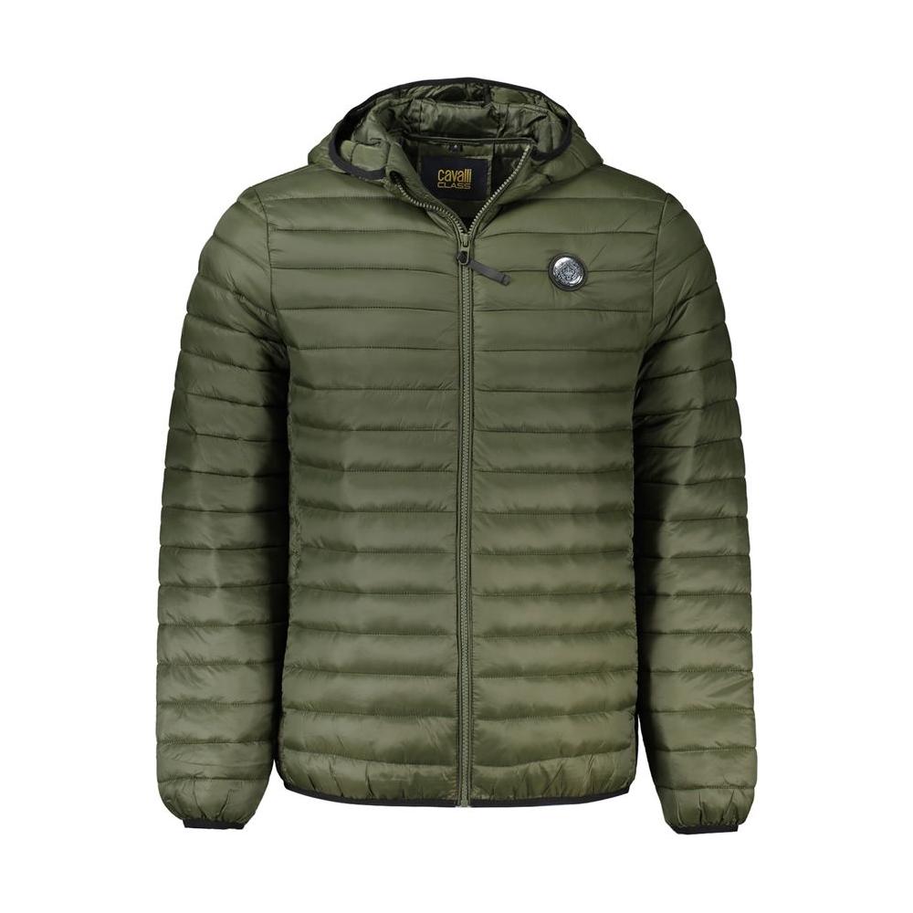 Cavalli Class Green Polyamide Men's Jacket with Hood and Pockets - Elegant Long-Sleeved Outerwear for High-End Sophistication