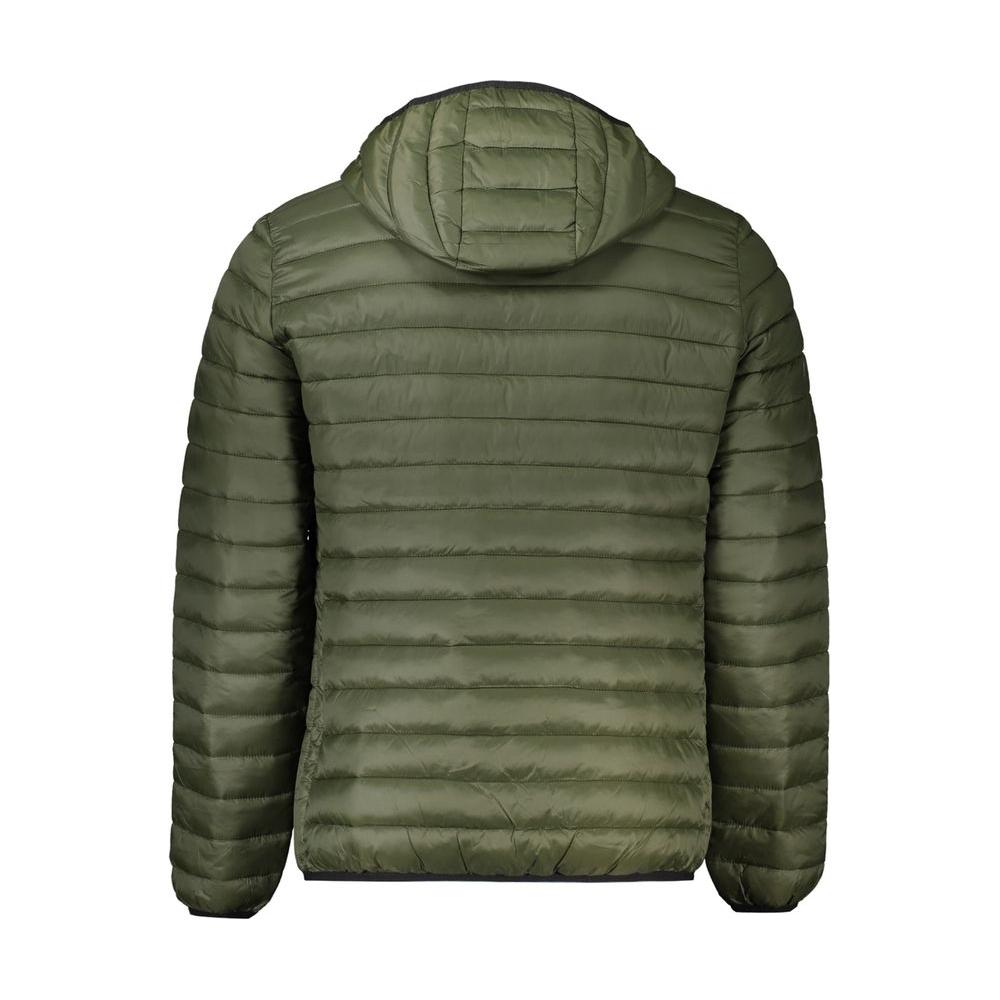 Back view of Cavalli Class Green Polyamide Men's Jacket with hood, showcasing elegant padded design.