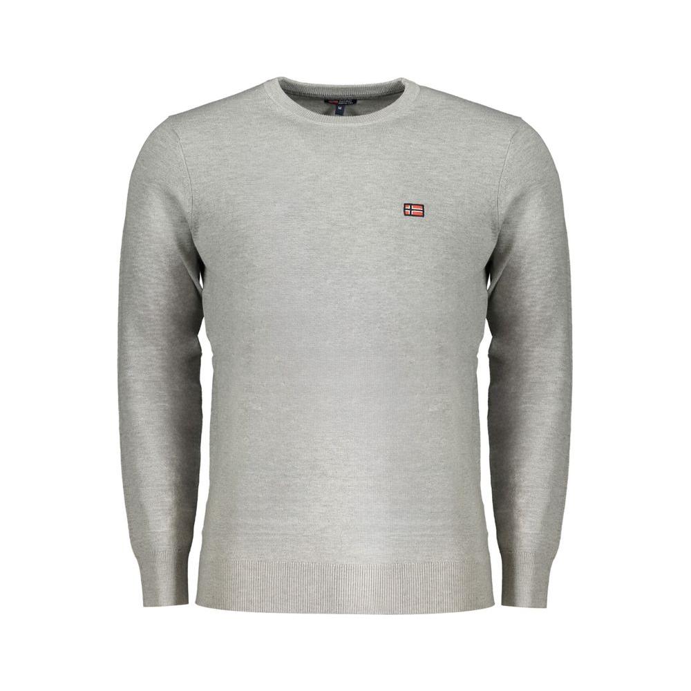Gray polyester men's sweater Norway 1963, long-sleeved crew neck, with iconic embroidery and logo for modern style.