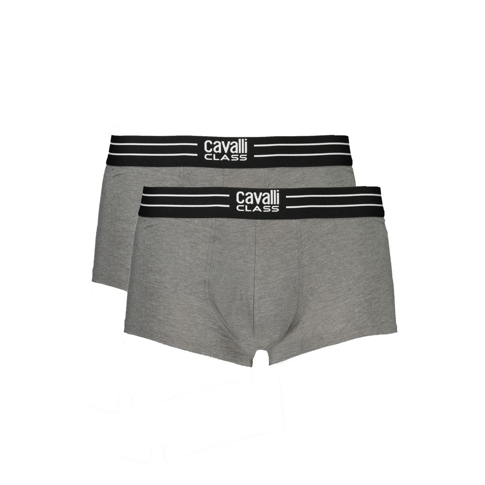 Cavalli Class gray cotton men's boxer pair with elastic waistband and logo, offering luxury and comfort.