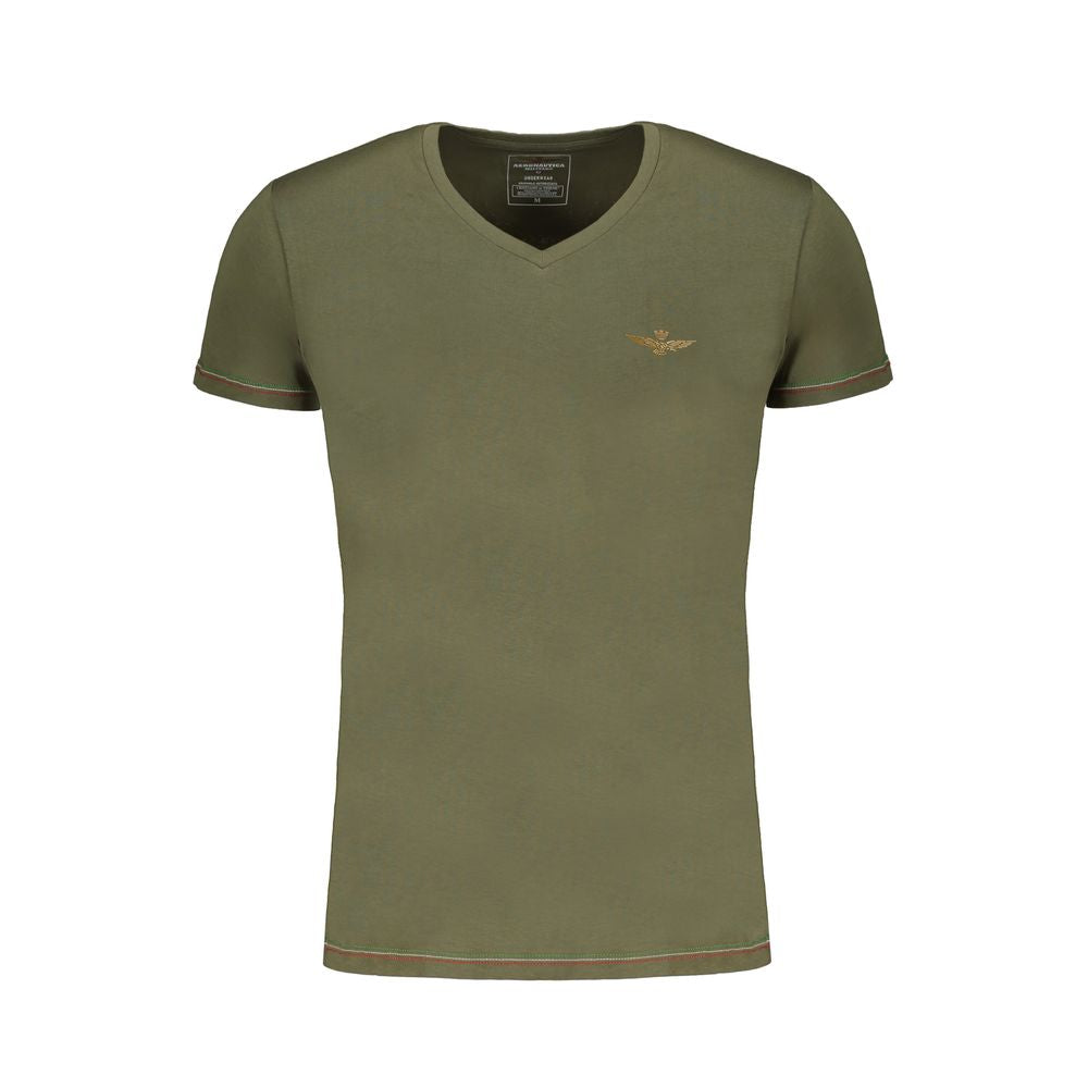 Aeronautica Militare green cotton V-neck T-shirt with logo, short sleeves, and contrast details.