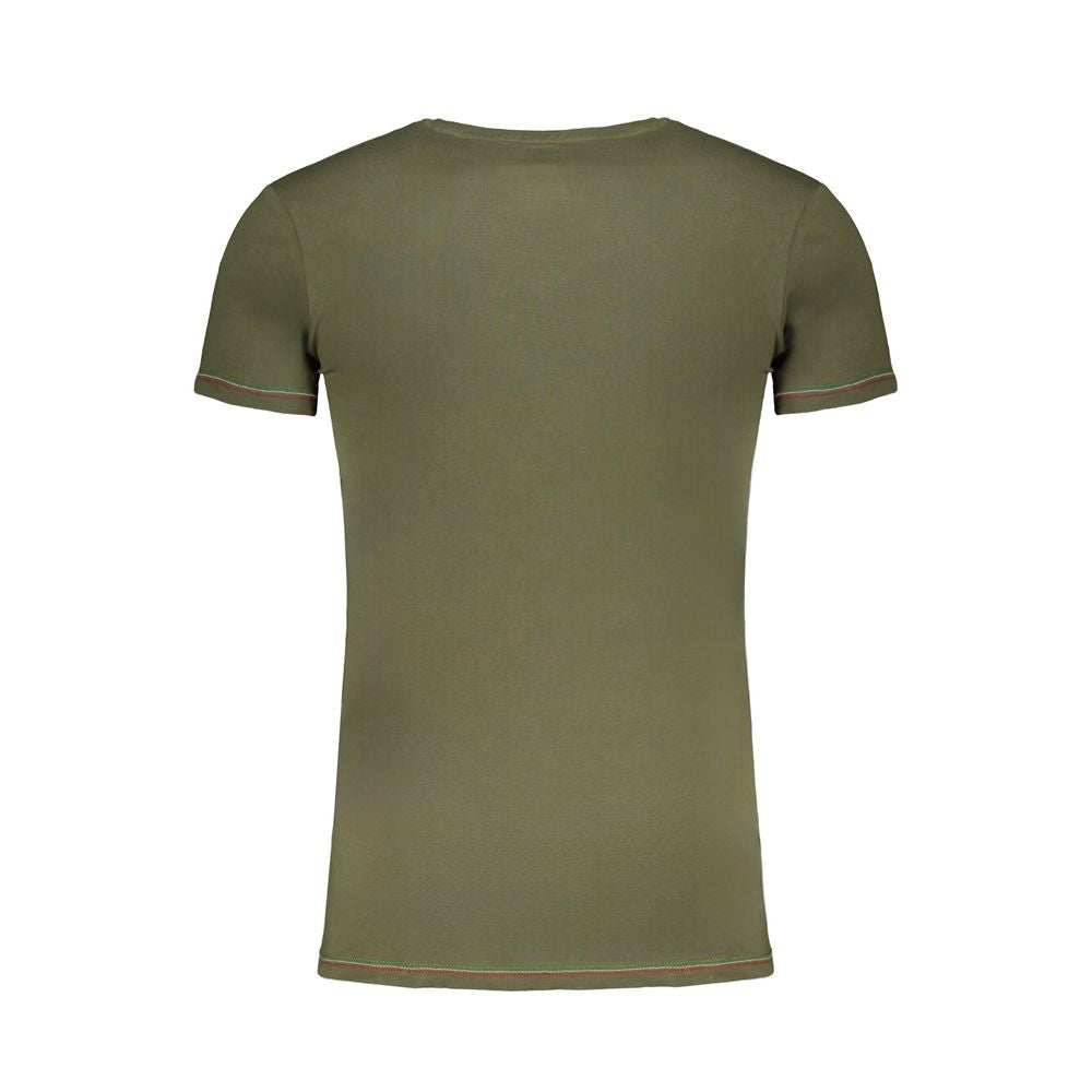 Back view of green cotton Aeronautica Militare T-shirt with short sleeves, V-neck, and contrast details, featuring a logo print.
