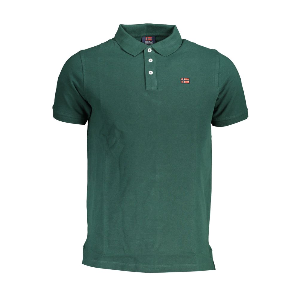 Norway 1963 green cotton polo shirt with short sleeves, 3 buttons, and logo embroidery