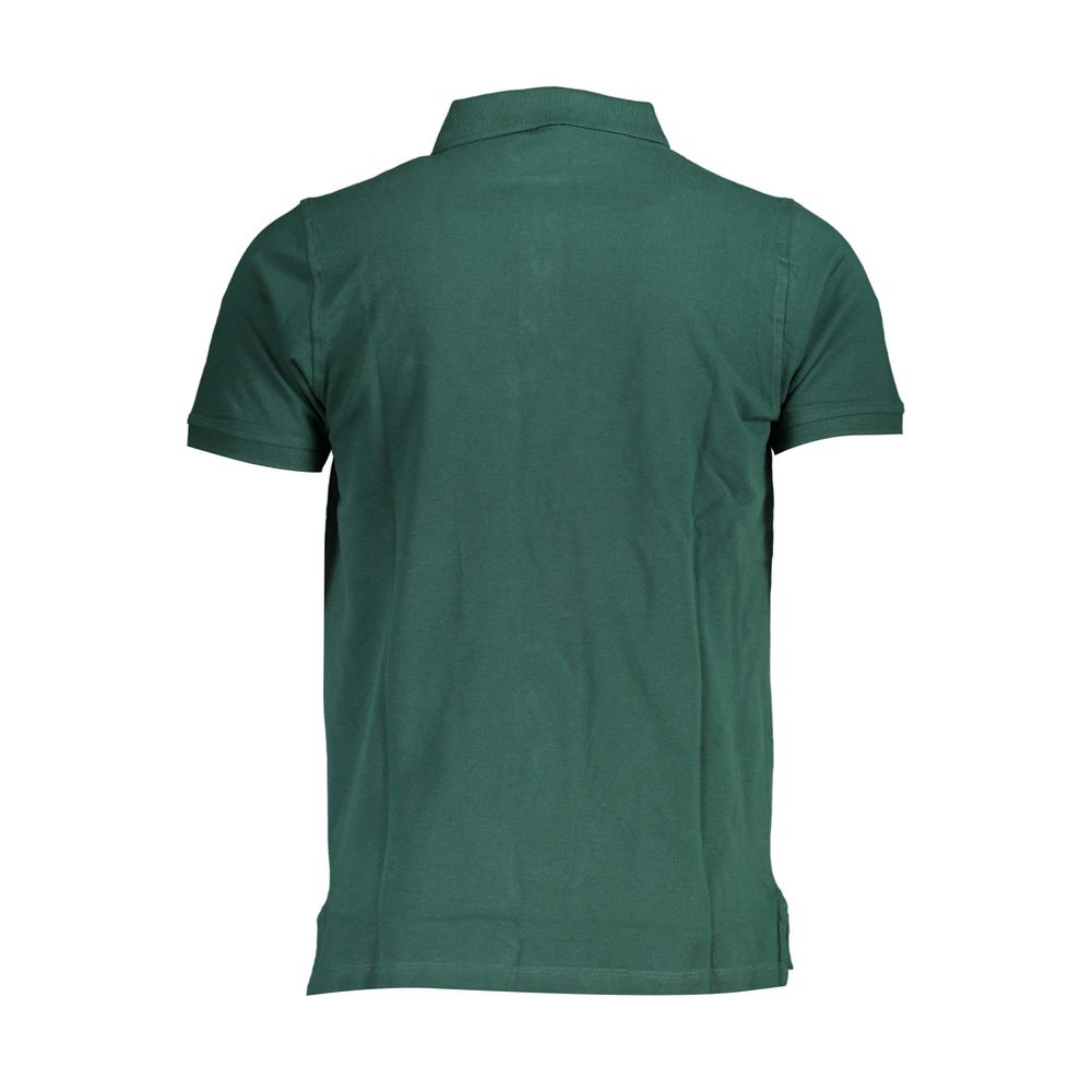 Back view of a Norway 1963 green cotton polo shirt with short sleeves and a collar.