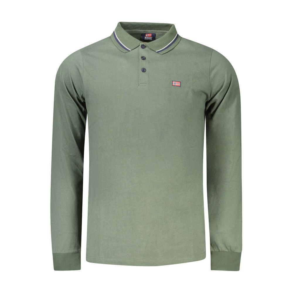 Norway 1963 green cotton men’s polo shirt, featuring long sleeves and signature embroidery with contrasting collar details.
