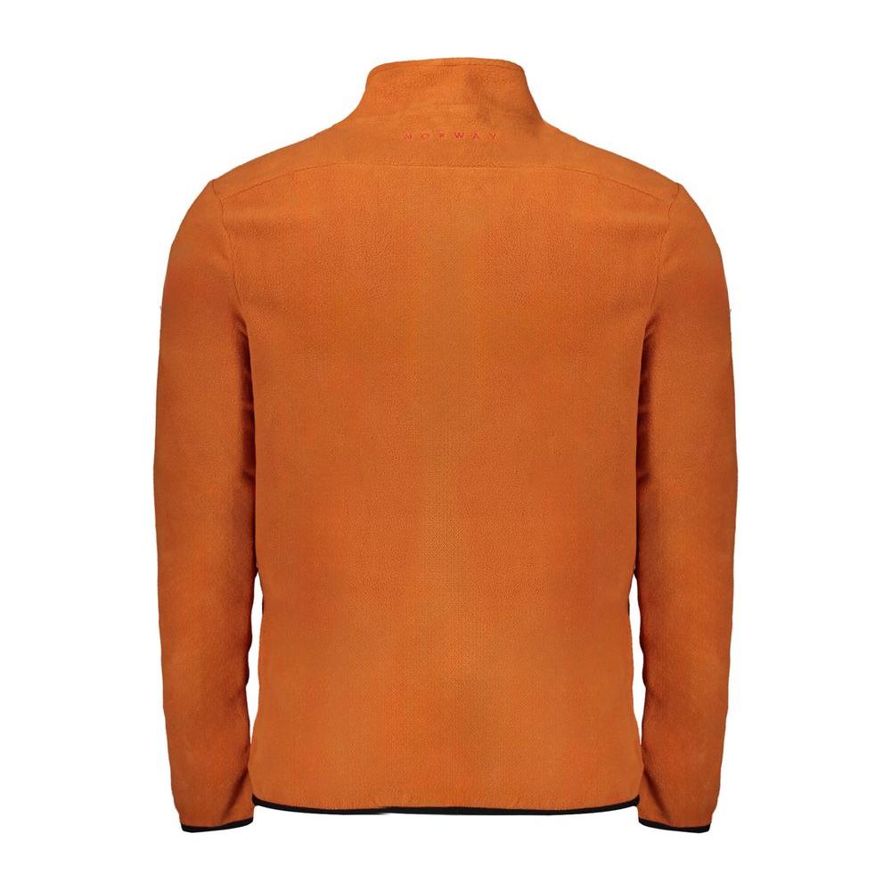 Back view of Norway 1963 brown polyester men's sweater with sleek embroidery and dual zip pockets for modern style.