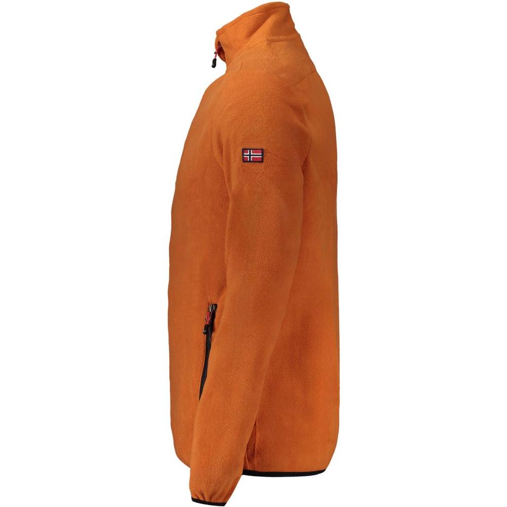 Side view of brown Norway 1963 men's fleece sweater with logo and dual zip pockets, 100% polyester, modern style.