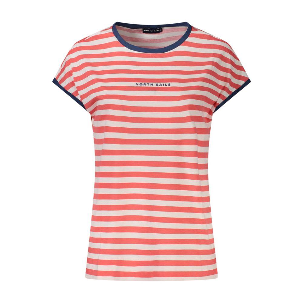 North Sails red striped sleeveless T-shirt with crew neck, contrasting blue details, and embossed logo print.