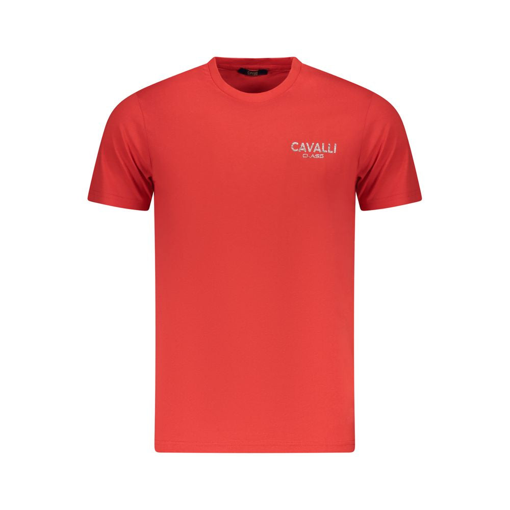 Cavalli Class red cotton men's T-shirt with logo, short sleeves, and crew neck for stylish everyday wear.