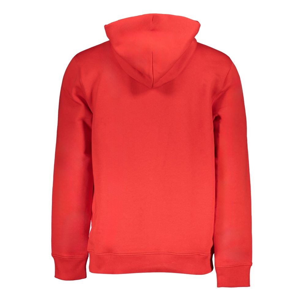 Back view of Tommy Hilfiger red cotton hoodie, features long sleeves, hood, central pocket, with logo application.
