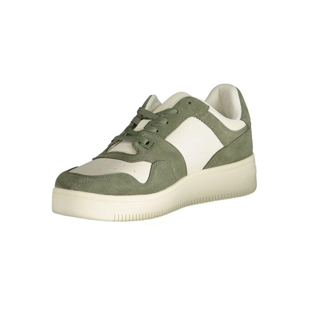 Tommy Hilfiger green polyester sneaker with laces, contrast details, and logo, ideal for sports footwear enthusiasts.