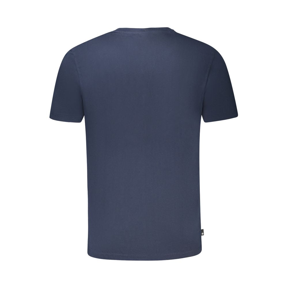 Back view of Timberland blue cotton t-shirt with short sleeves, crew neck, and wordmark logo made from 100% organic cotton.