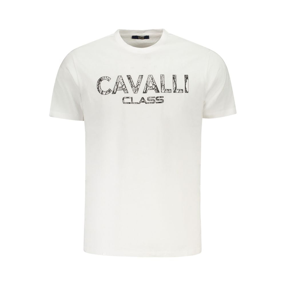 Cavalli Class white cotton men's T-shirt with bold print and logo, perfect for a sophisticated wardrobe upgrade.