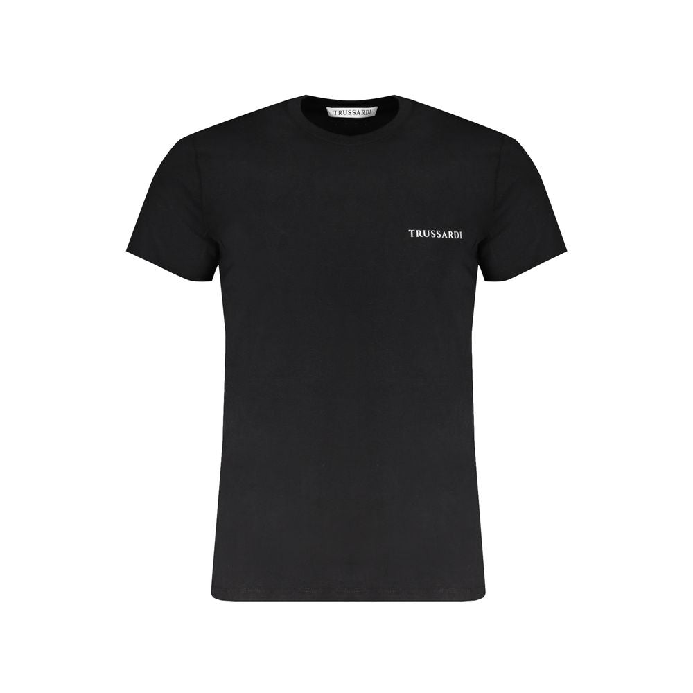 Trussardi black cotton t-shirt with short sleeves, crew neck, and logo print on front.