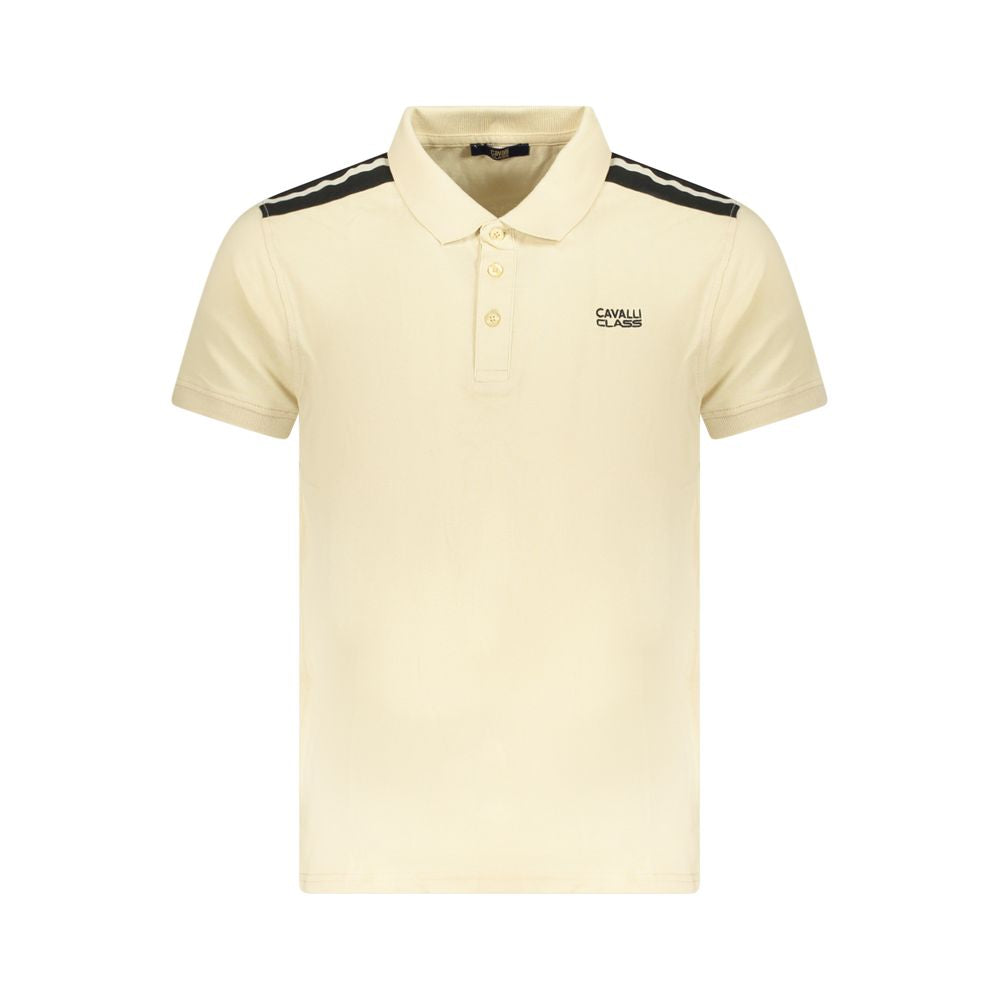 Cavalli Class beige cotton men's polo shirt with short sleeves and embroidered logo, featuring modern contrasting details and classic design.