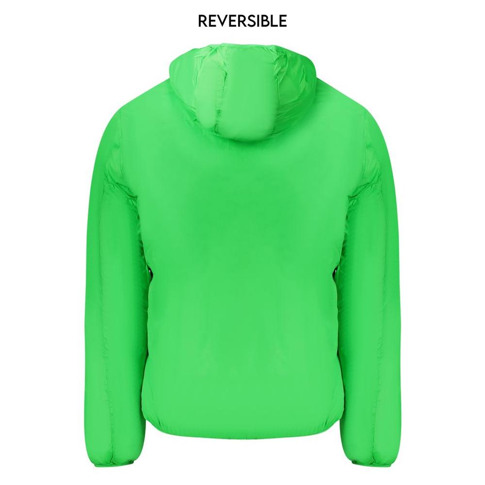 Reversible green polyamide men's jacket with hood by Norway 1963, showcasing back view with sleek design and external pockets.