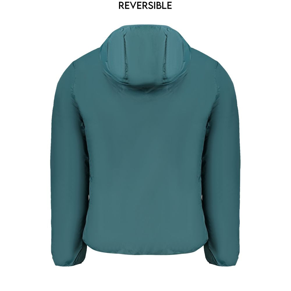 Norway 1963 reversible green polyamide men's jacket with hood shown from the back, featuring a sleek urban design.