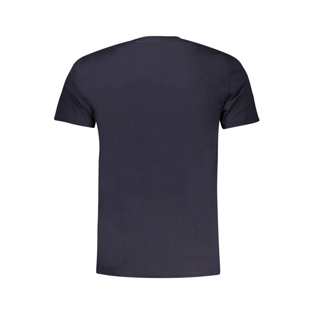 Back view of Guess Jeans Blue Cotton T-Shirt with short sleeves and crew neck, featuring logo embroidery.