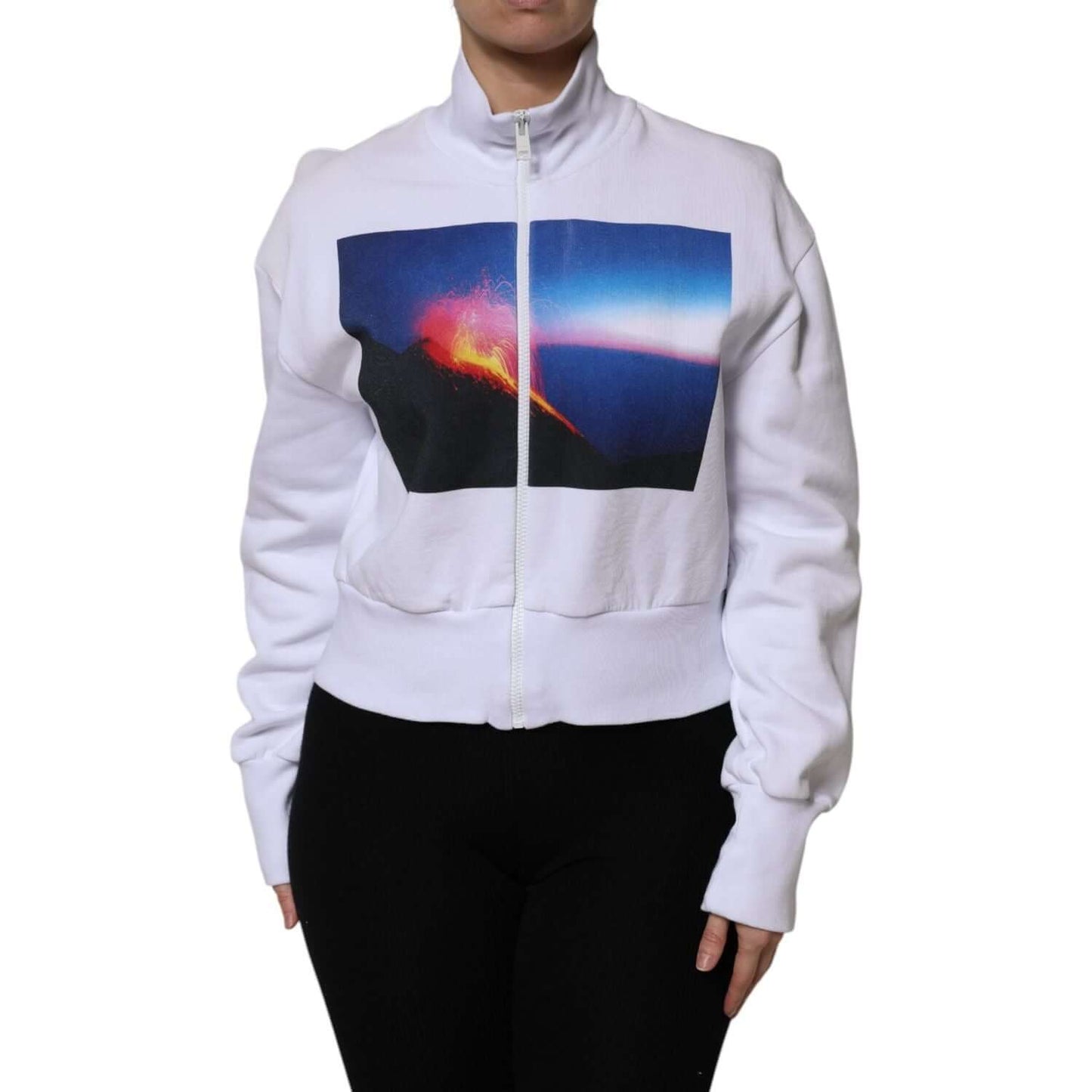 MSGM White Graphic Print Cotton Long Sleeves Full Zip Bomber Jacket TSH87622-40