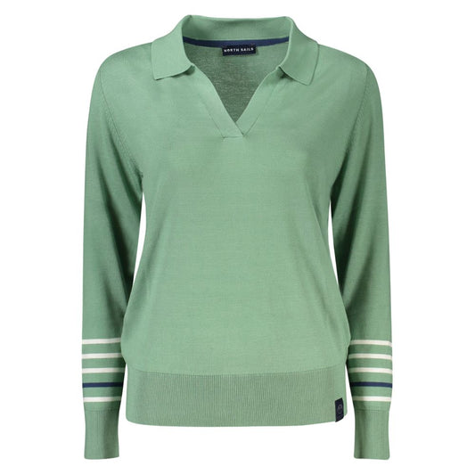 North Sails Green Cotton Women Sweater with V-neck and striped sleeves, exuding casual sophistication and trendsetting style for women.