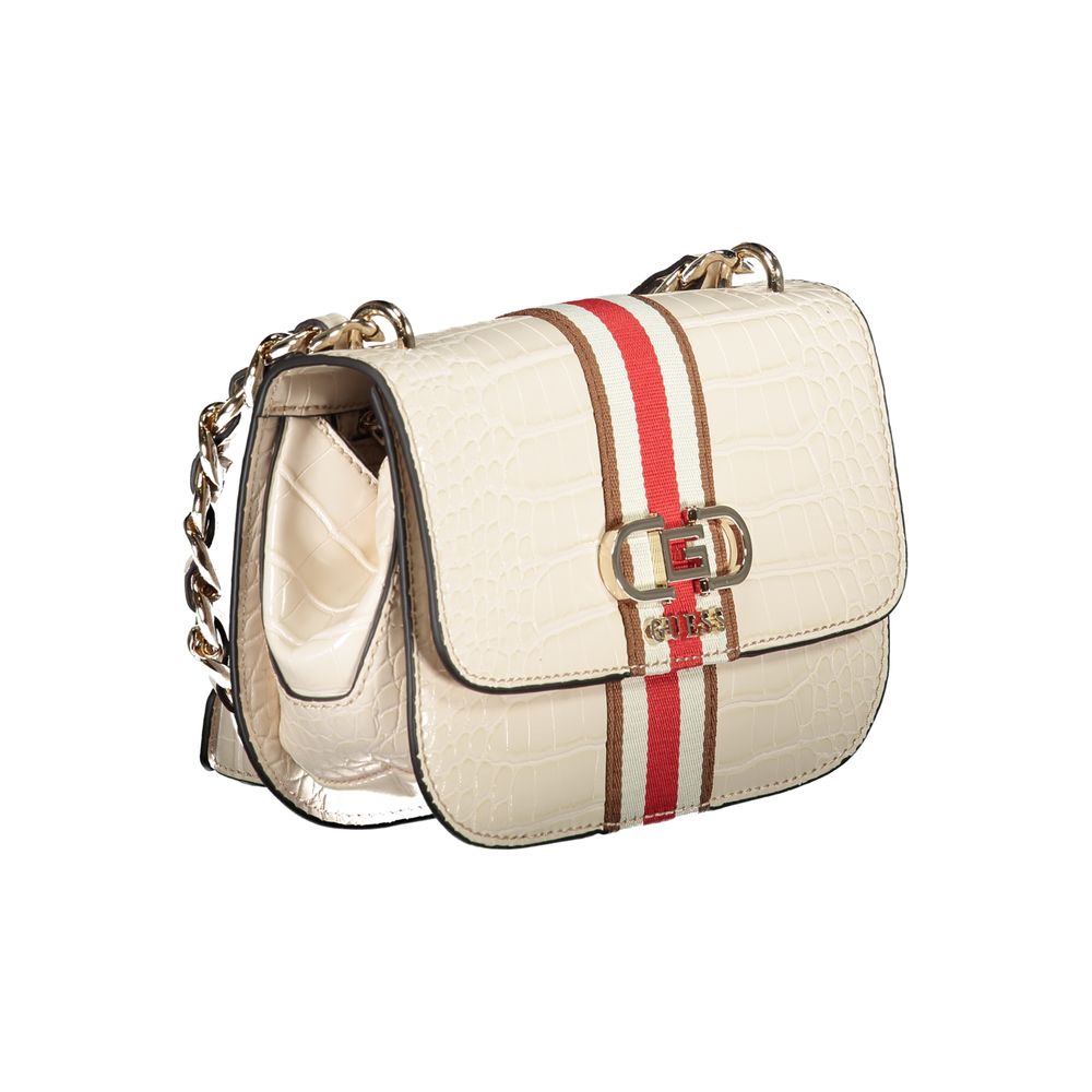 Guess Jeans Beige Polyethylene Handbag with adjustable chain strap, contrast details, snap closure, and logo accent.
