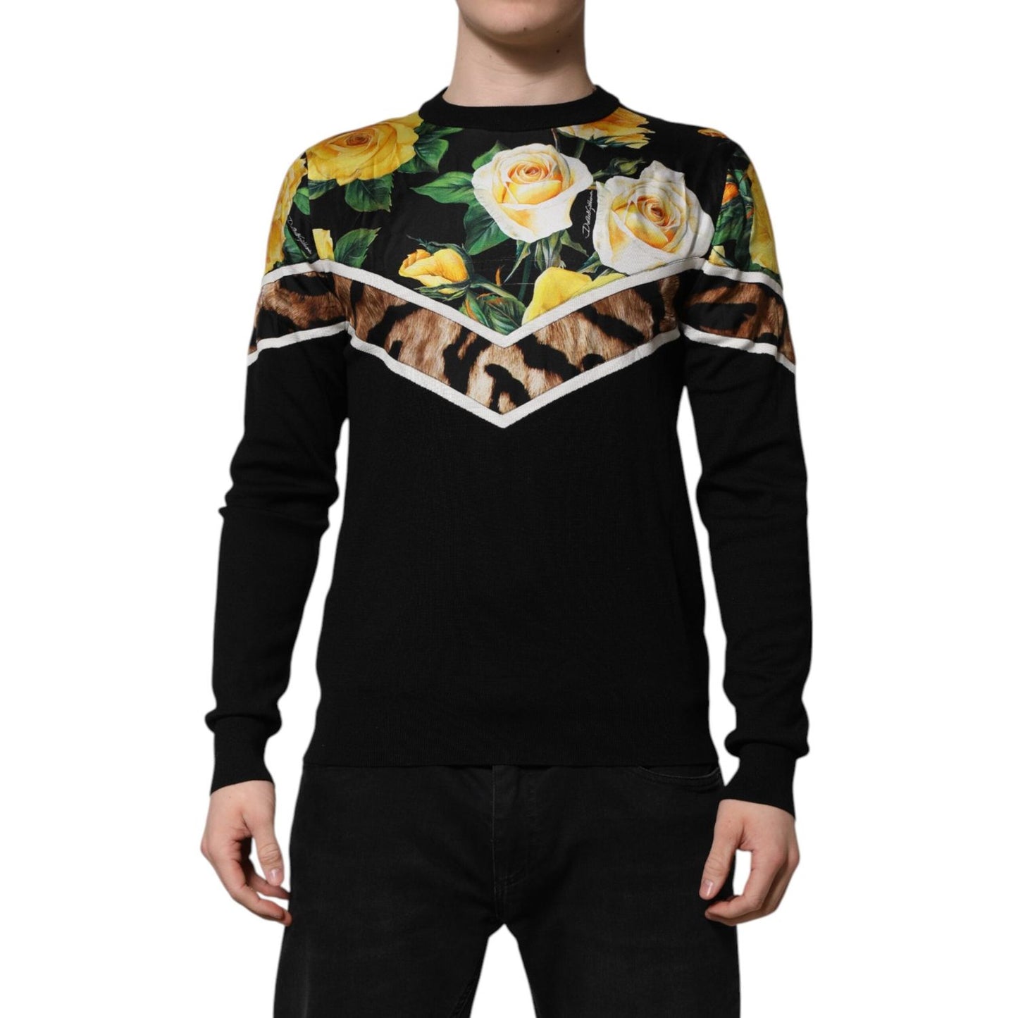 Dolce & Gabbana Black Silk Floral Crew Neck Pullover Sweater TSH906921-48