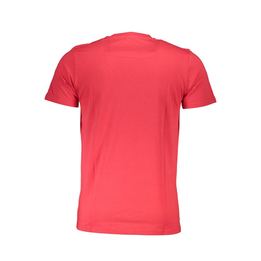 Back view of Cavalli Class Red Cotton Men T-Shirt with short sleeves and crew neck, featuring striking design for bold sophistication.