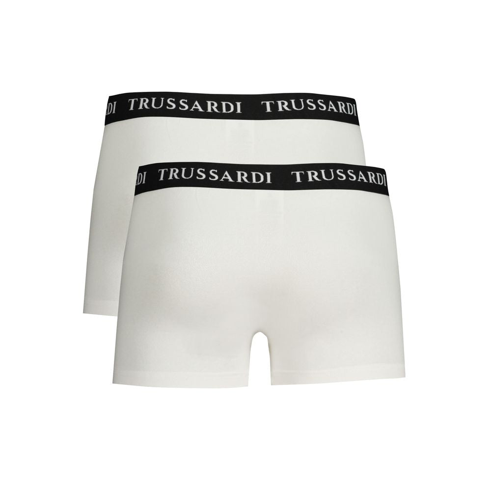 Trussardi White Cotton Underwear with branded elastic waist, bi-pack boxer featuring logo print.