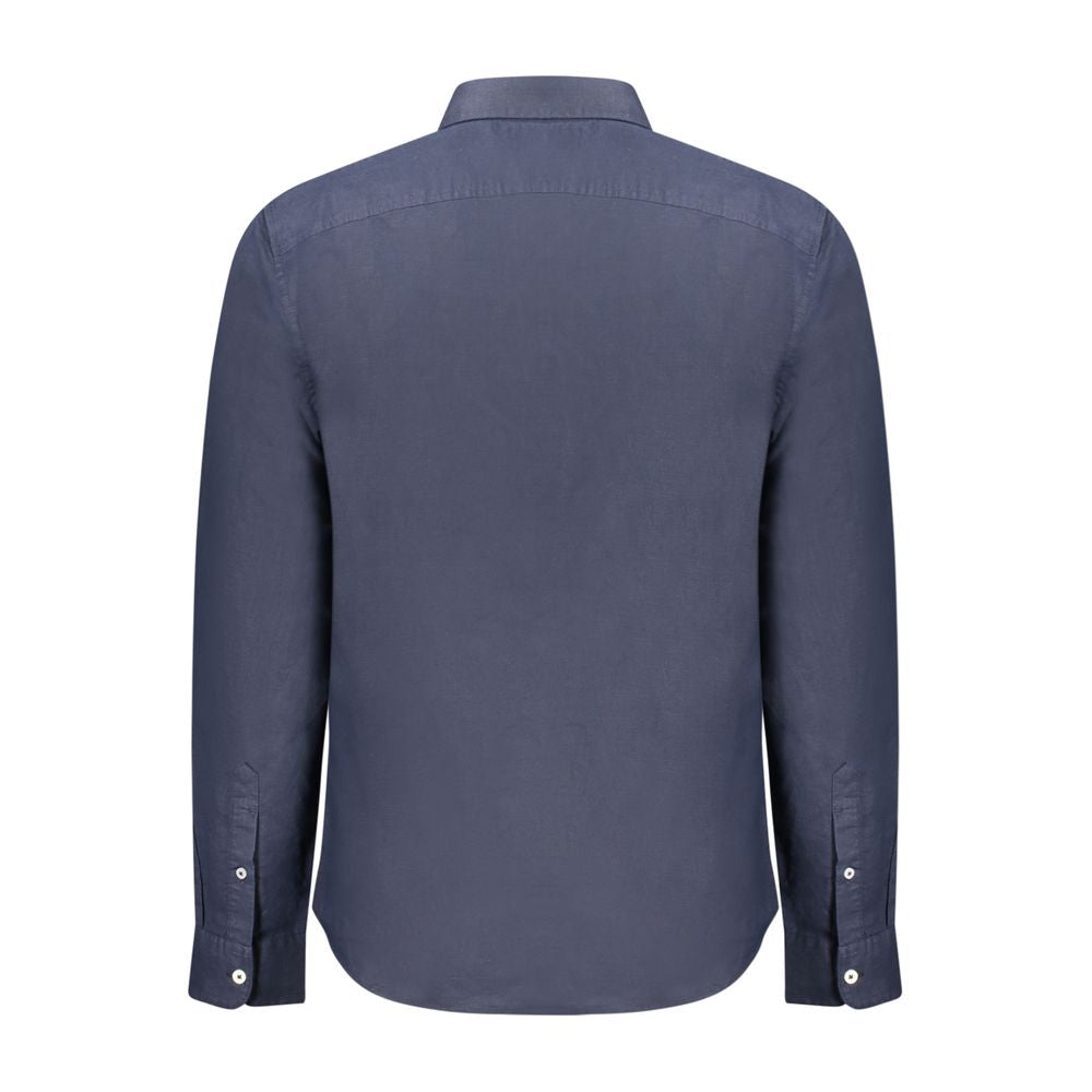 Alt Tag: Back view of Timberland Blue Cotton Shirt, long-sleeved, slim fit with button-down collar and cuffs, featuring logo embroidery.