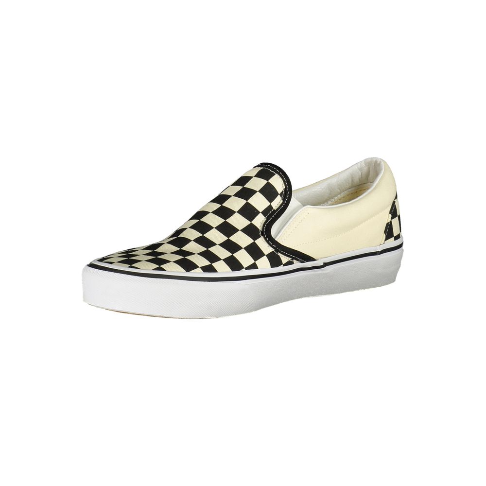 Vans White Polyester Sneaker, classic slip-on sports shoe with elastic, checked pattern, and contrasting details.