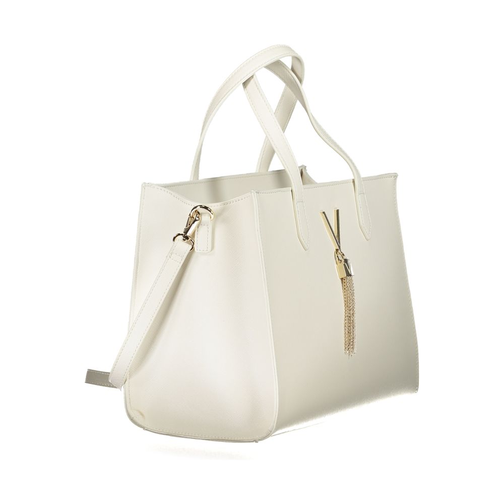 Mario Valentino White Polyethylene Handbag with adjustable strap, two handles, internal pockets, contrasting details, and zip closure.