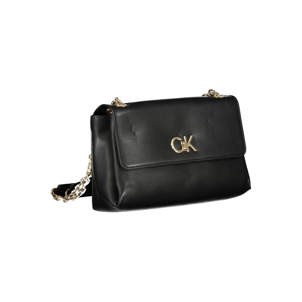 Calvin Klein Black Polyester Handbag with chain shoulder handles and logo, featuring multiple compartments and eco-friendly materials.