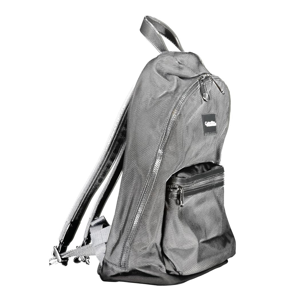 Calvin Klein Black Polyester Backpack with handle, adjustable straps, laptop holder, pen spaces, water repellent, zip closure.