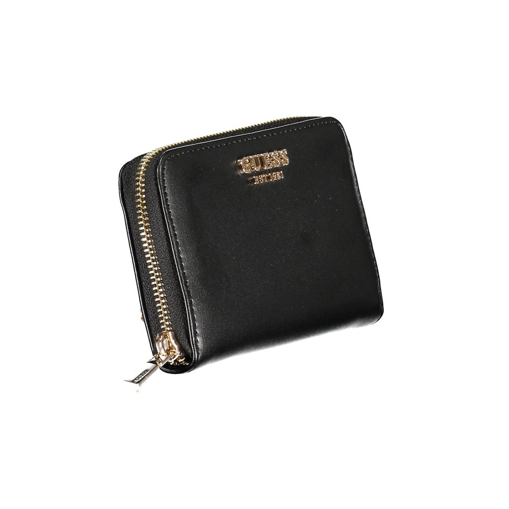Guess Jeans Black Polyethylene Wallet with zip closure and logo, featuring three compartments, card spaces, and coin purse.