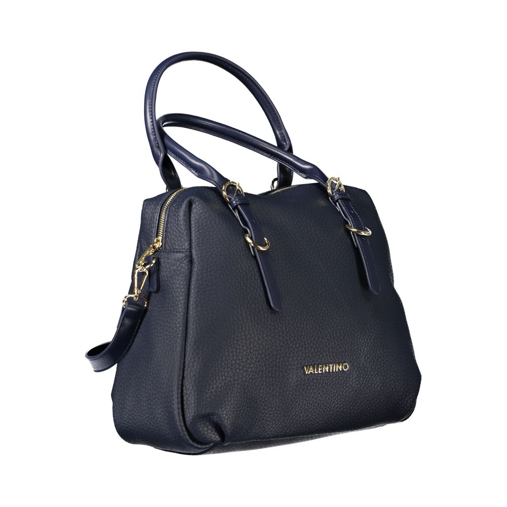 Elegant Mario Valentino Blue Polyethylene Handbag with adjustable handles and removable shoulder strap, featuring zip closure and internal pockets.