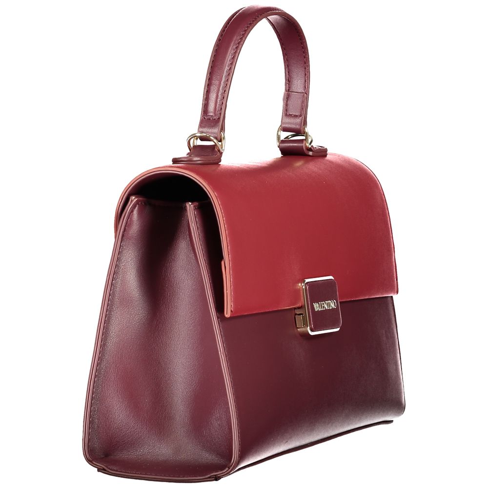 Mario Valentino Red Polyethylene Handbag with adjustable strap, compartments, snap closure, and logo detail, side view.