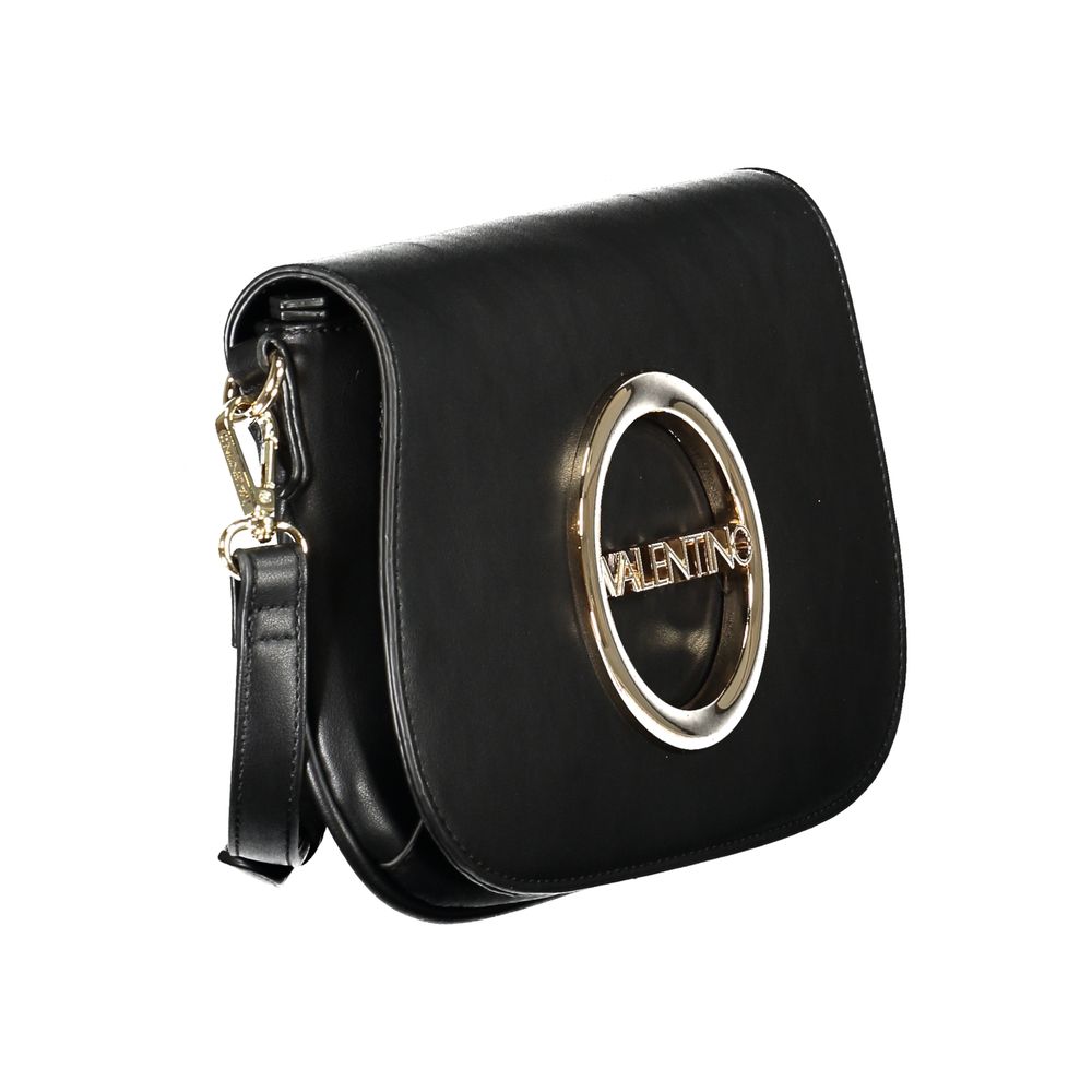 Mario Valentino Black Polyethylene Handbag with adjustable strap, logo detail, and two internal pockets, showing zipper and closure.