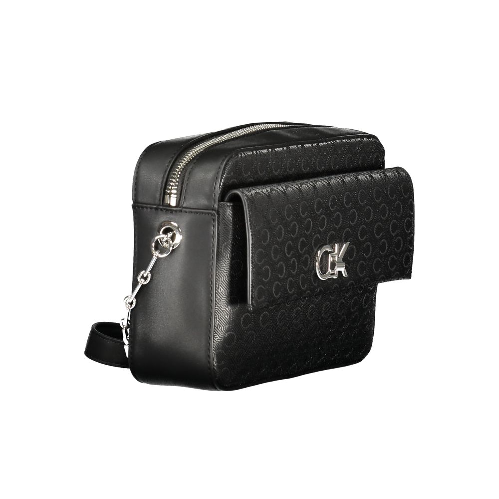 Calvin Klein Black Polyester Handbag with logo, external pocket, and contrasting zip closure. Stylish and eco-friendly shoulder bag.